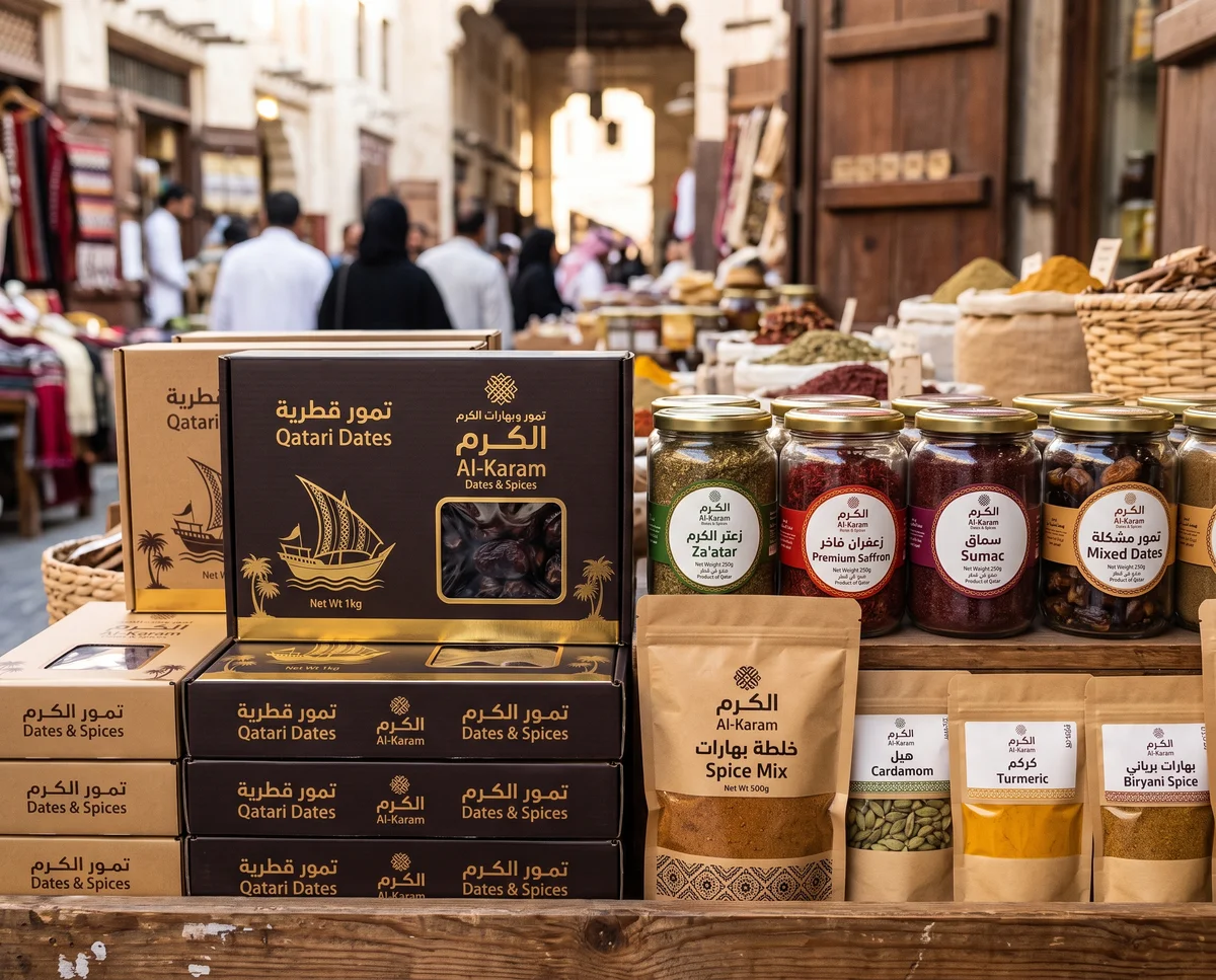 مطبوعات ولوازم محلات التمور والبهارات في قطر: علب التمور وملصقات البرطمانات وأكياس البهارات