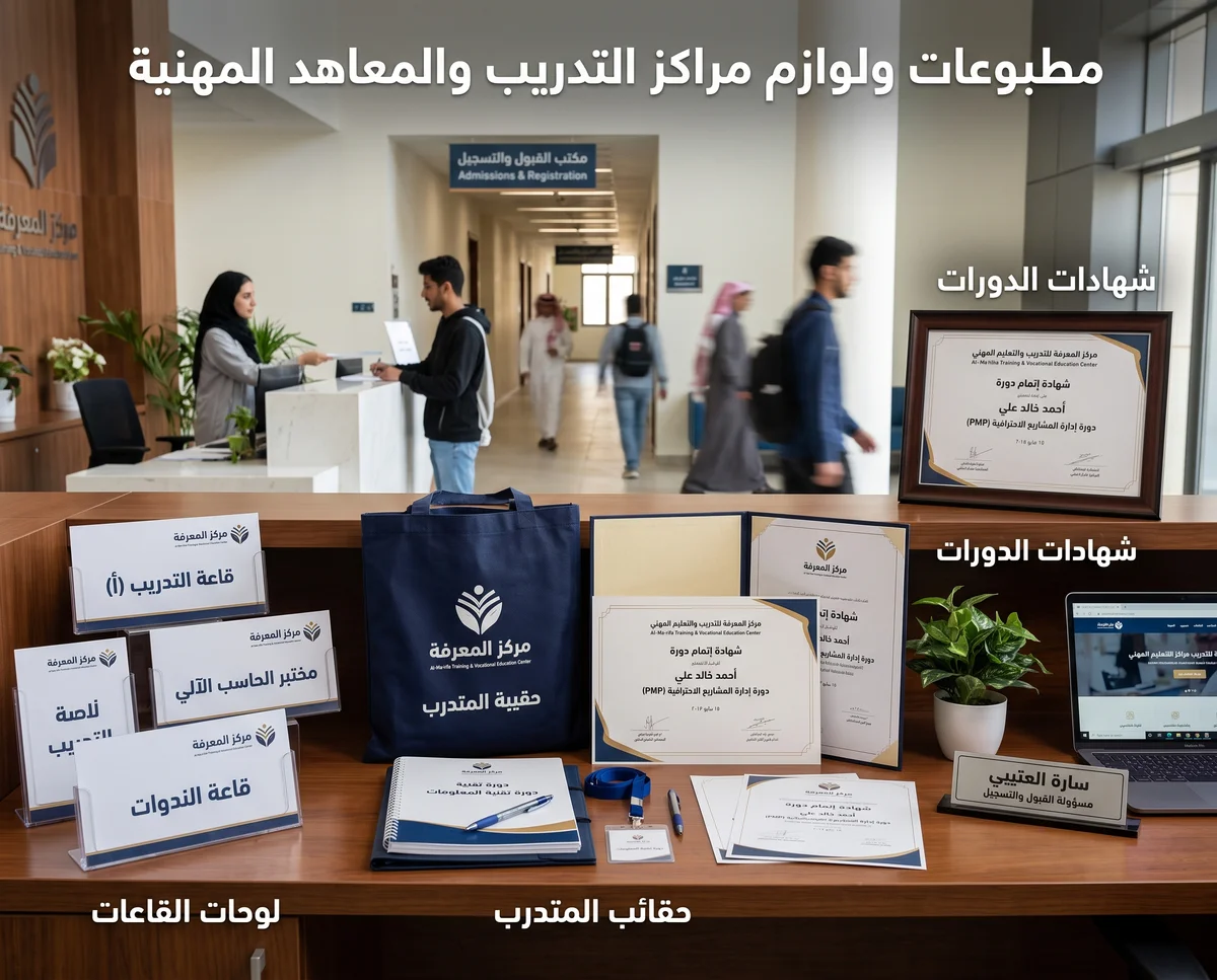 مطبوعات ولوازم مراكز التدريب والمعاهد المهنية في قطر: شهادات الدورات وحقائب المتدرب ولوحات القاعات